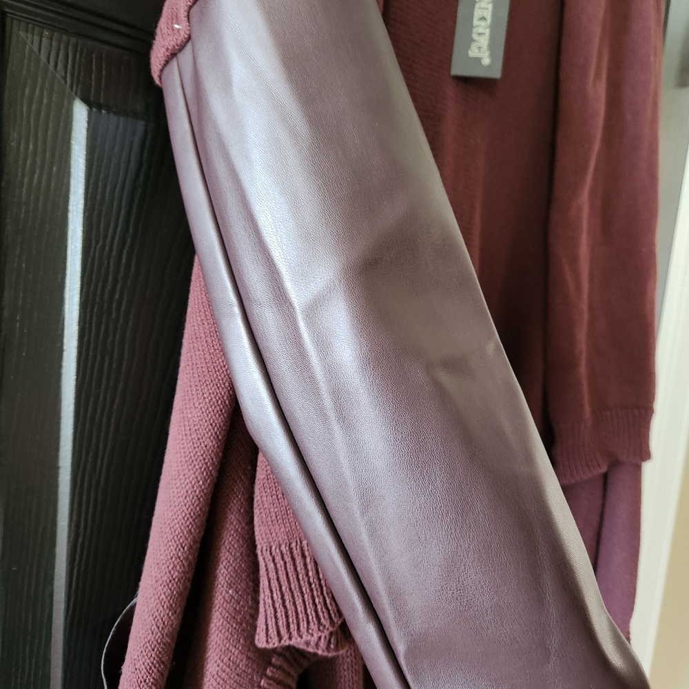 Burgundy Knit & Faux Leather Sleeve Open Front Cardigan - Small NWT - Picture 4 of 10